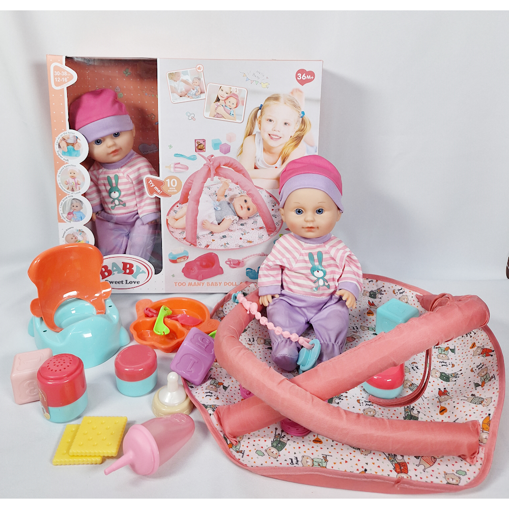 BABY DOLL PLAY SET 19PIECES  WITH MAT INCLUDE PLATES PACIFIER SIPPY CUP,BOTTLE TODLERS