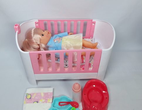 BABY DOLL PLAY SET 8 PIECES  WITH BABY COT BED, FEEDING BOTTLE, DIAPER, BABY POTTY