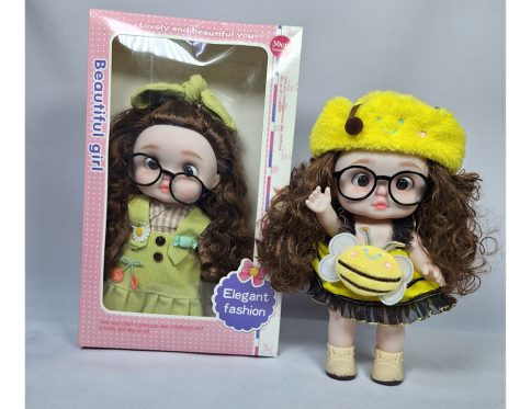 CUTE GIRL DOLL WITH LONG HAIR, EYE GLASSES, HAIR RIBBON AND CLOTH