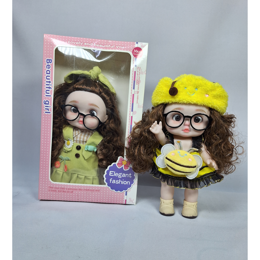 CUTE GIRL DOLL WITH LONG HAIR, EYE GLASSES, HAIR RIBBON AND CLOTH